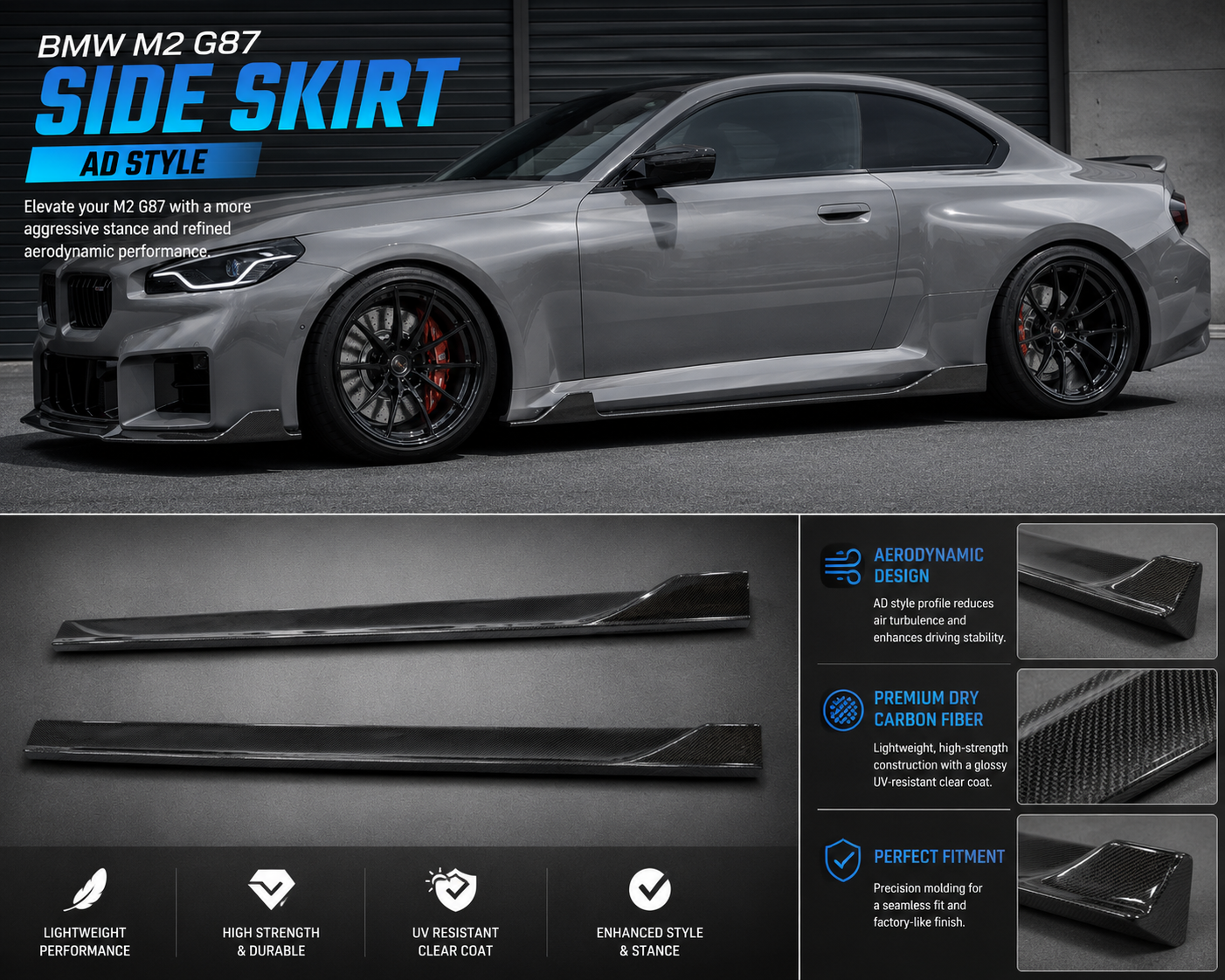 Real dry carbon fiber Side Skirts AD Style for BMW M2 (G87)