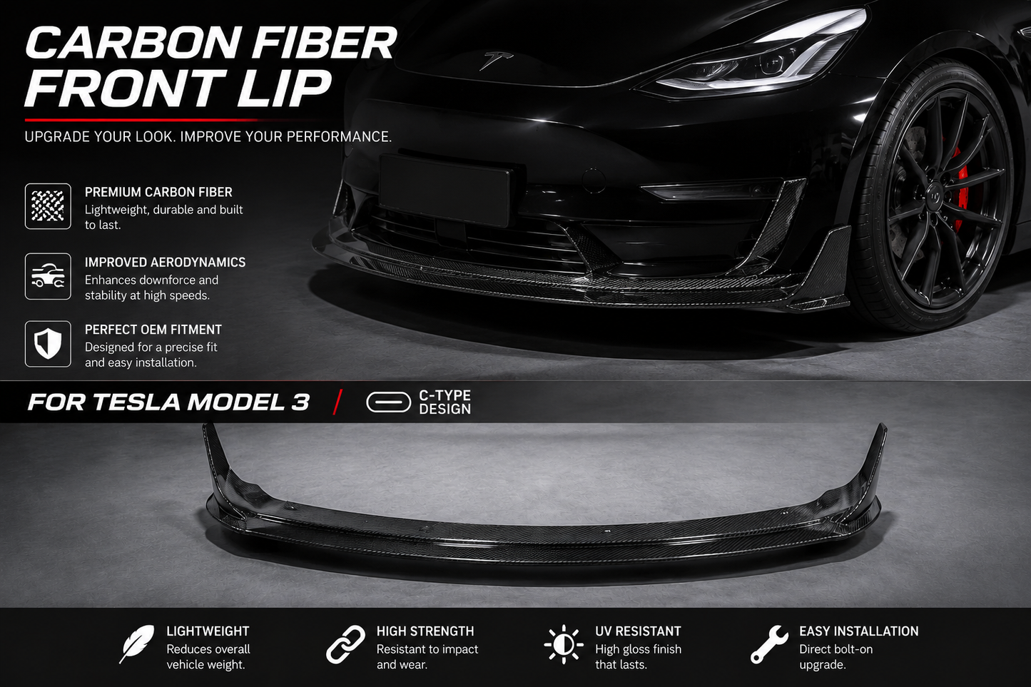Real Dry Carbon Fiber Front Lip for Tesla Model 3 2017-2023