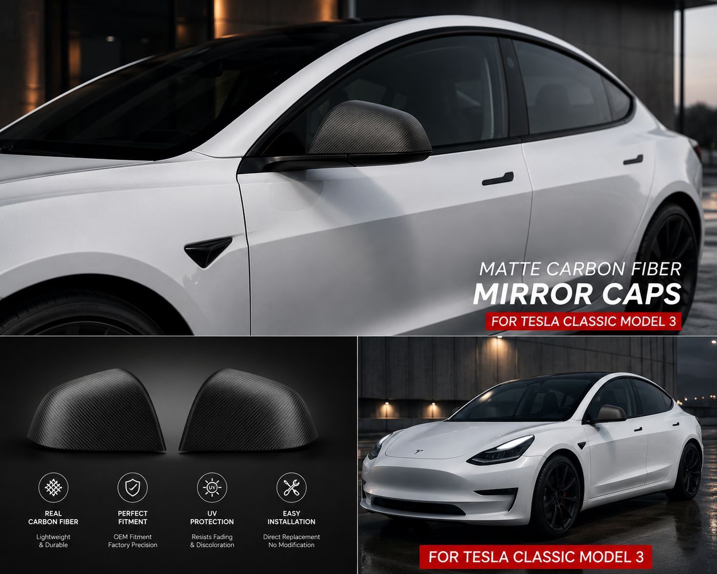Real Dry Carbon Fiber Mirror Covers for Tesla Model Y & Model 3