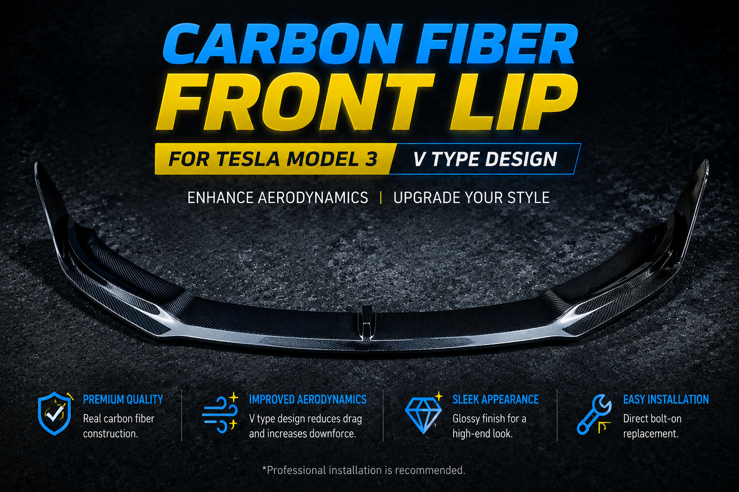 Real Dry Carbon Fiber Front Lip for Tesla Model 3 2017-2023