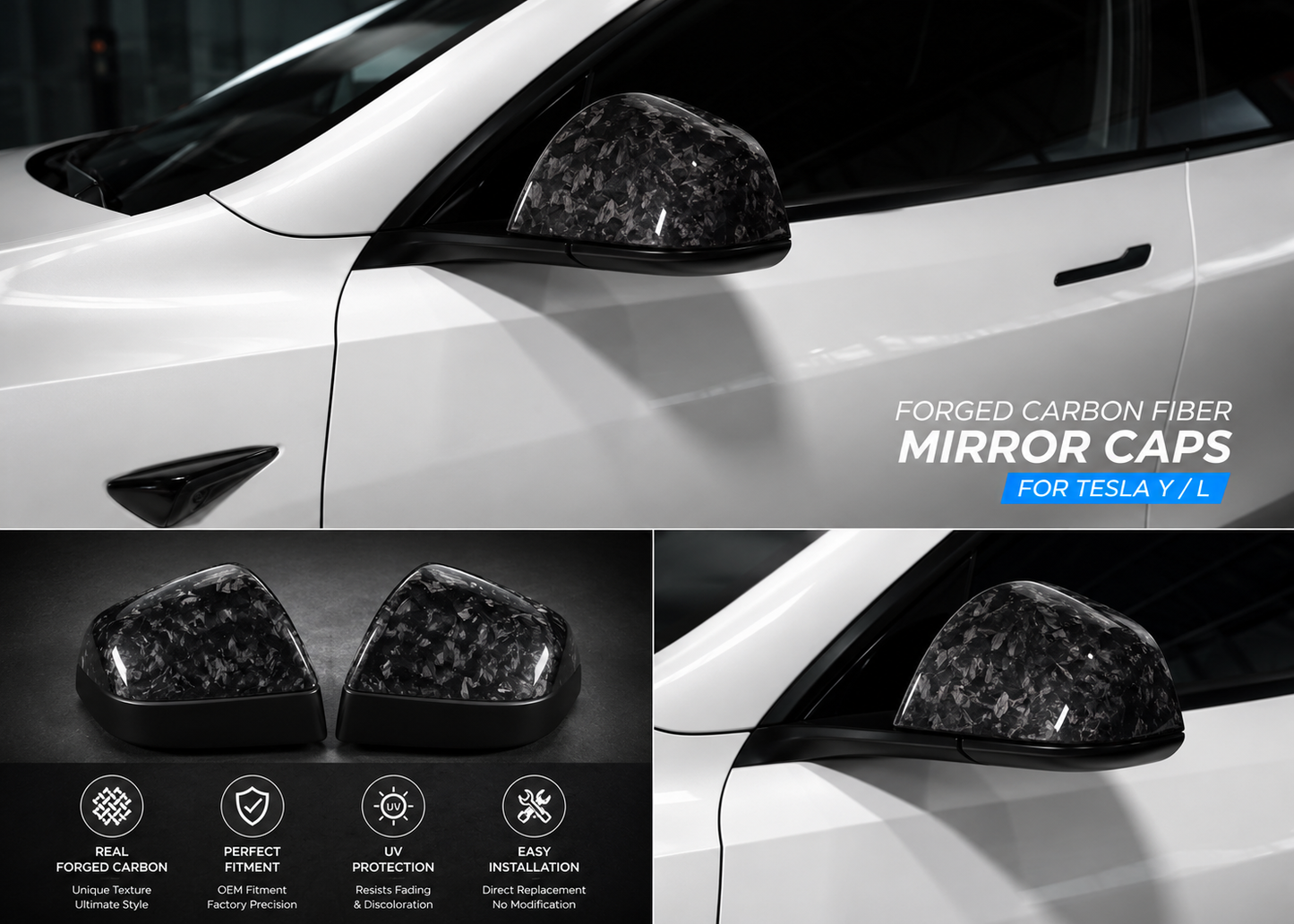 Real Dry Carbon Fiber Mirror Covers for Tesla Model Y & Model 3
