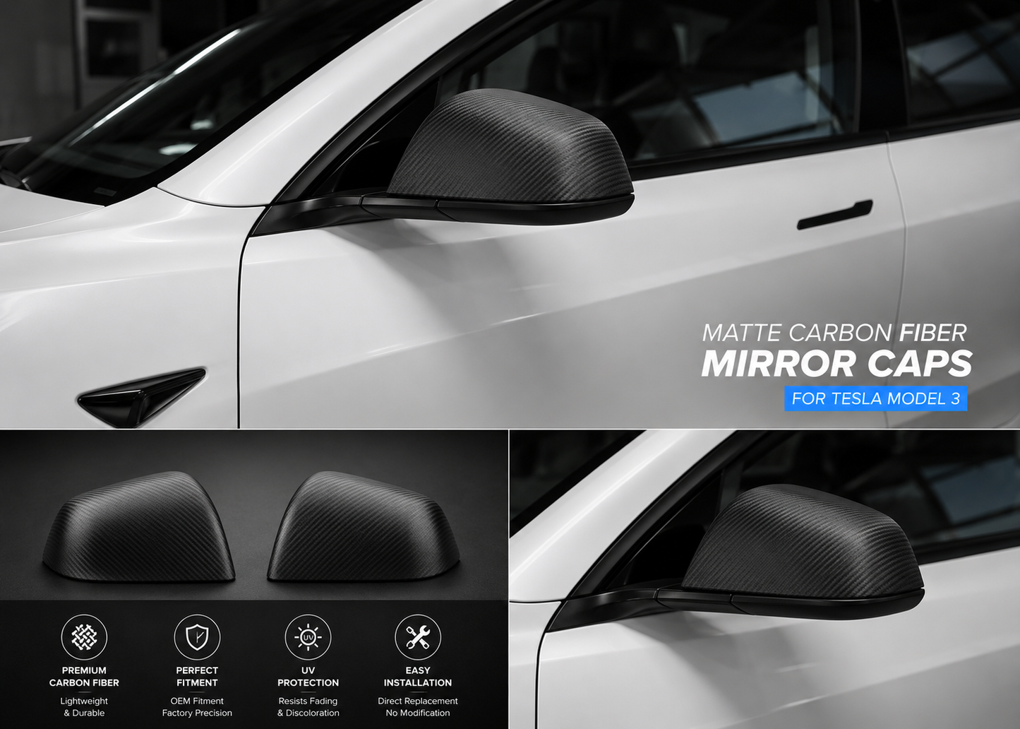 Real Dry Carbon Fiber Mirror Covers for Tesla Model Y & Model 3