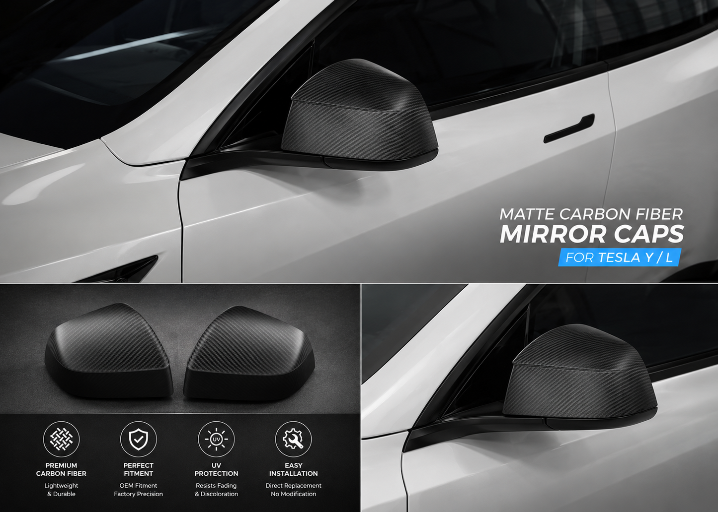 Real Dry Carbon Fiber Mirror Covers for Tesla Model Y & Model 3