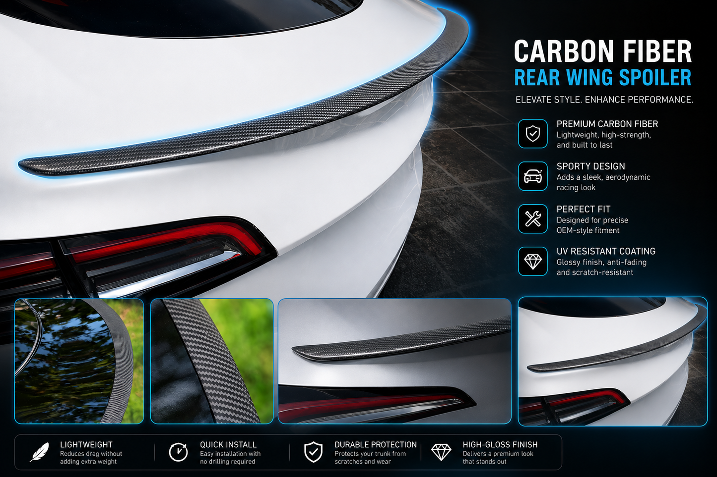 Real Dry Carbon Fiber Rear Wing Spoiler for Tesla Model Y & Model 3