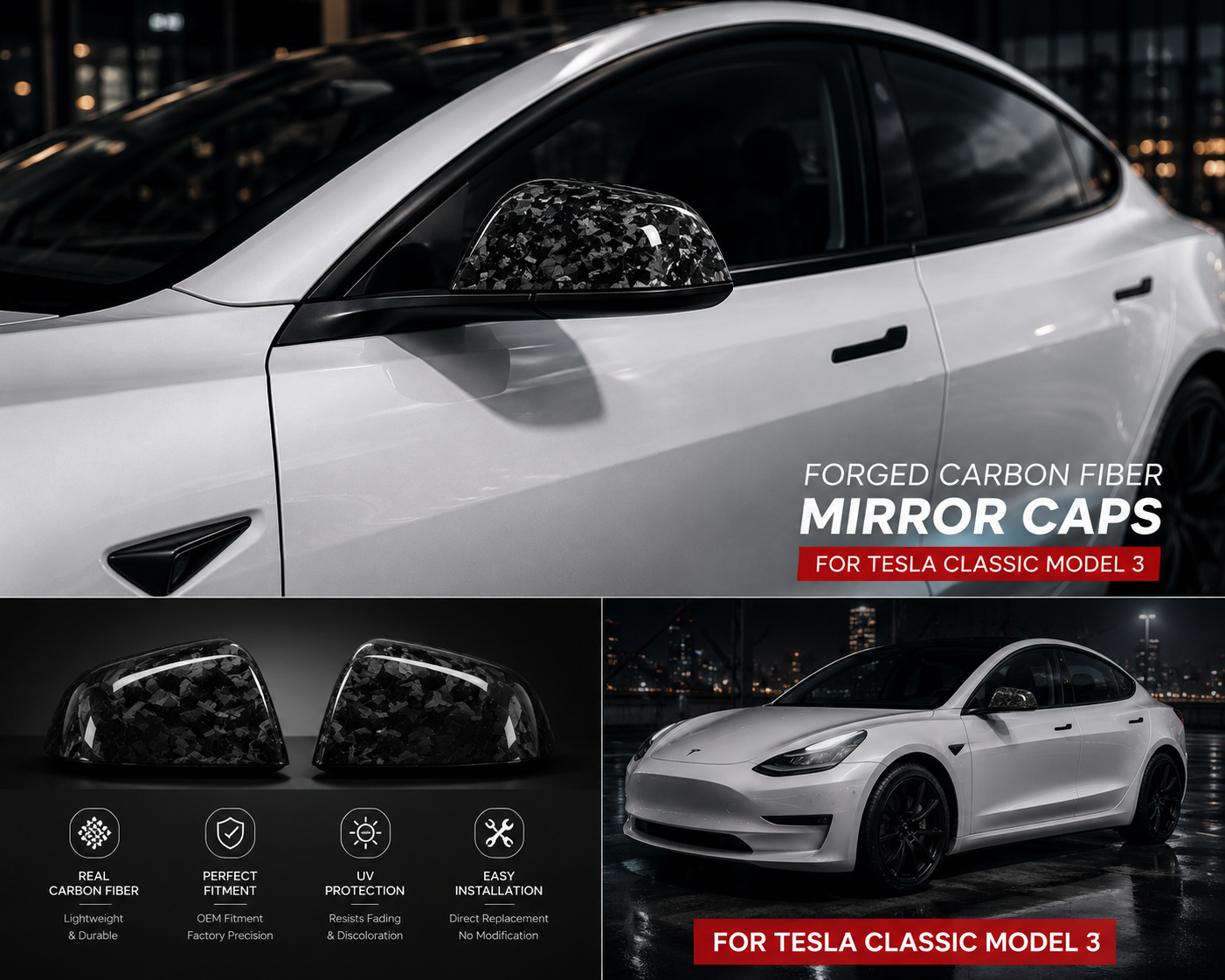 Real Dry Carbon Fiber Mirror Covers for Tesla Model Y & Model 3