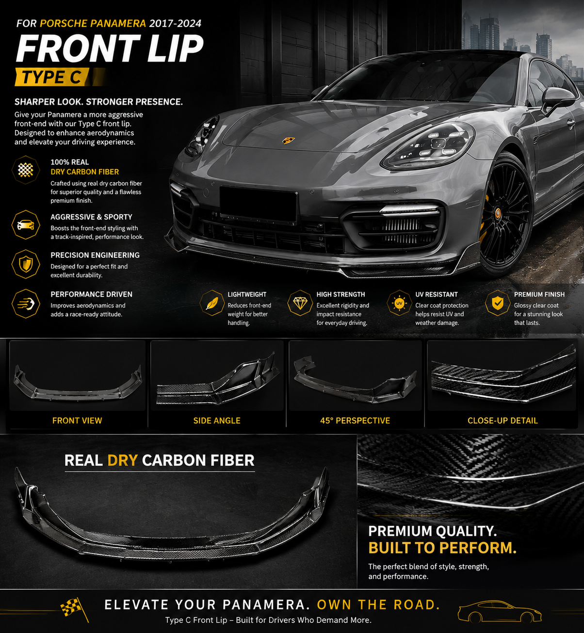 Porsche Panamera Real Dry Carbon Fiber Front Lip | Type C (2017–2024)