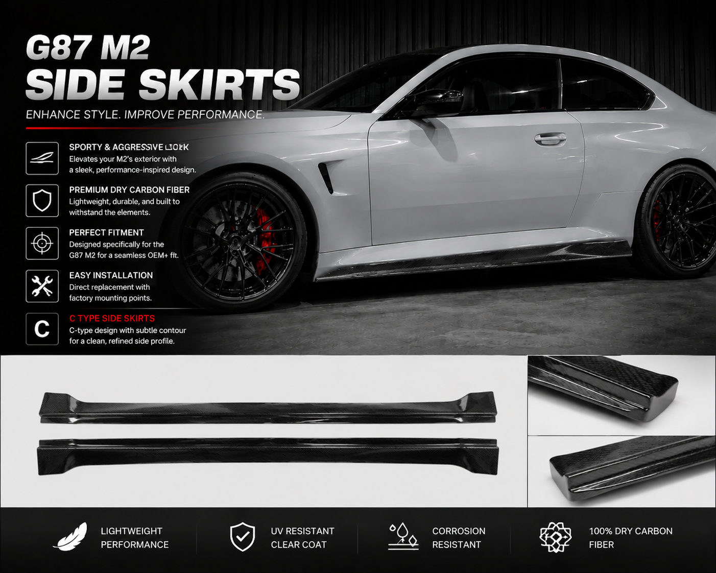Real dry carbon fiber C Type Side Skirts for BMW M2 (G87)